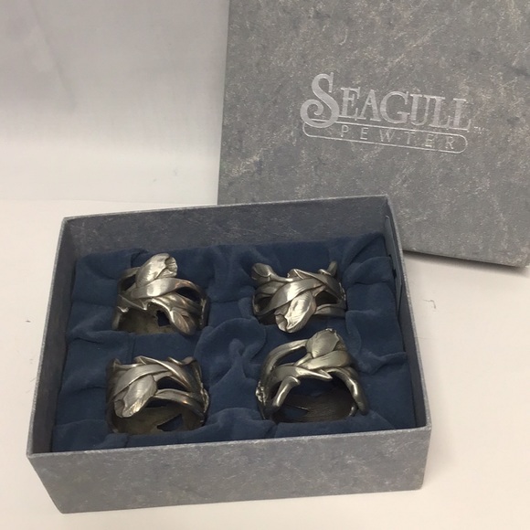 Seagull pewter floral napkin ring 4pc set 1990 original box made in Canada - Picture 1 of 5